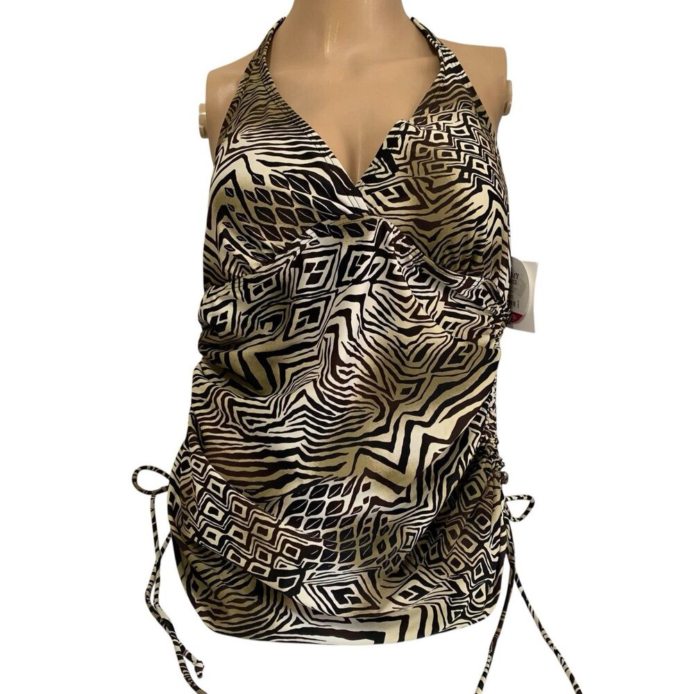 NEW Croft & Barrow Swim Top Womens 14 Brown Animal Print Side Gathered V-Neck